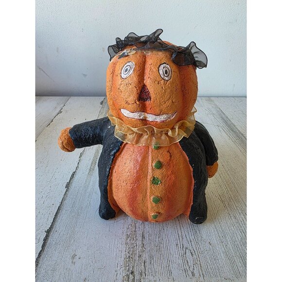 Shabby chic vintage pumpkin paper mache jack-o'-lantern figurine Halloween statu - Picture 1 of 8